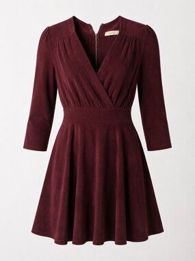 Circle Burgundy Faux Suede Wrap Front Fit & Flare Dress Long Sleeve XS